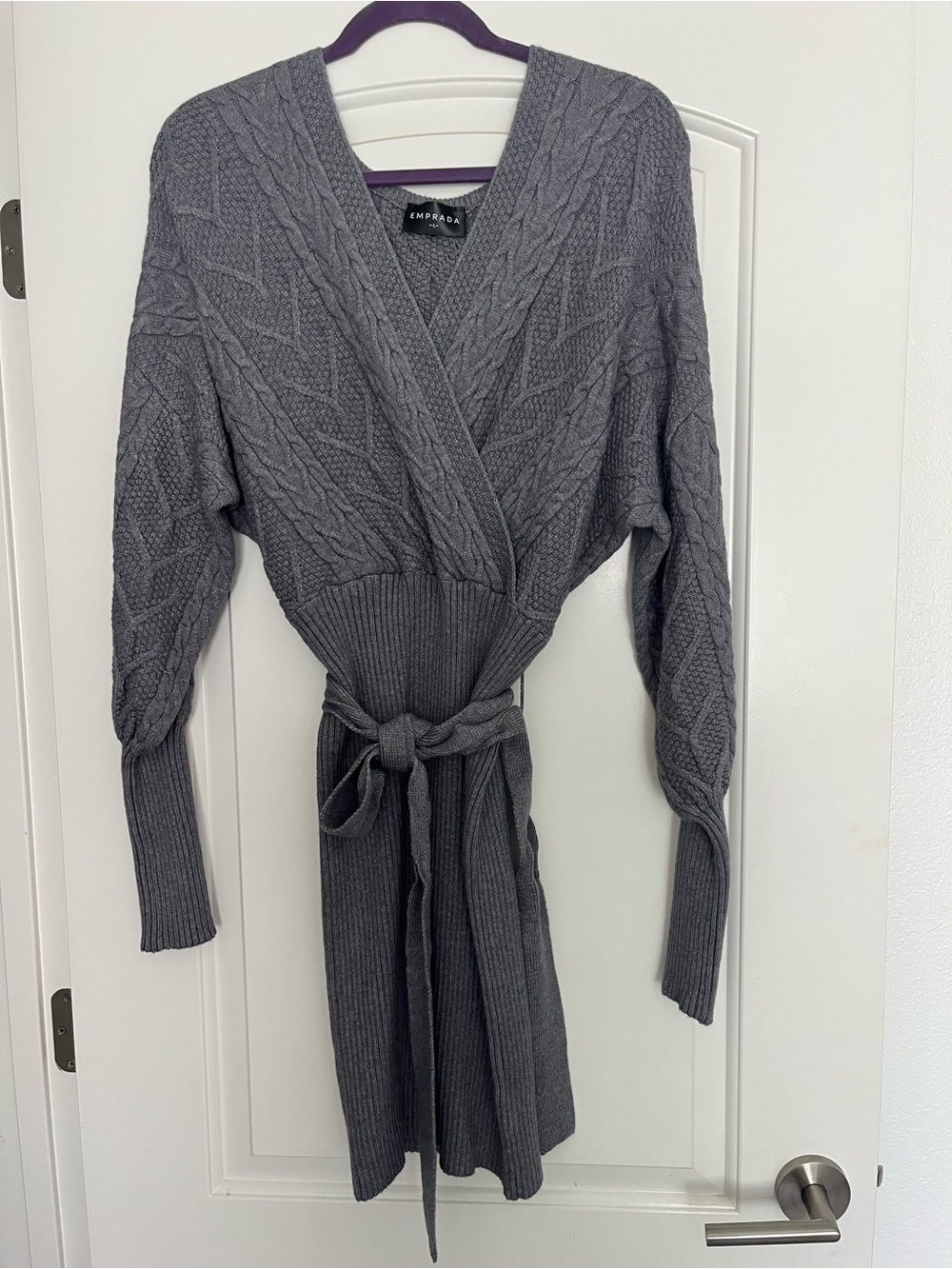 Emprada Cable Knit Wrap Cardigan in Heather Gray -Size Large